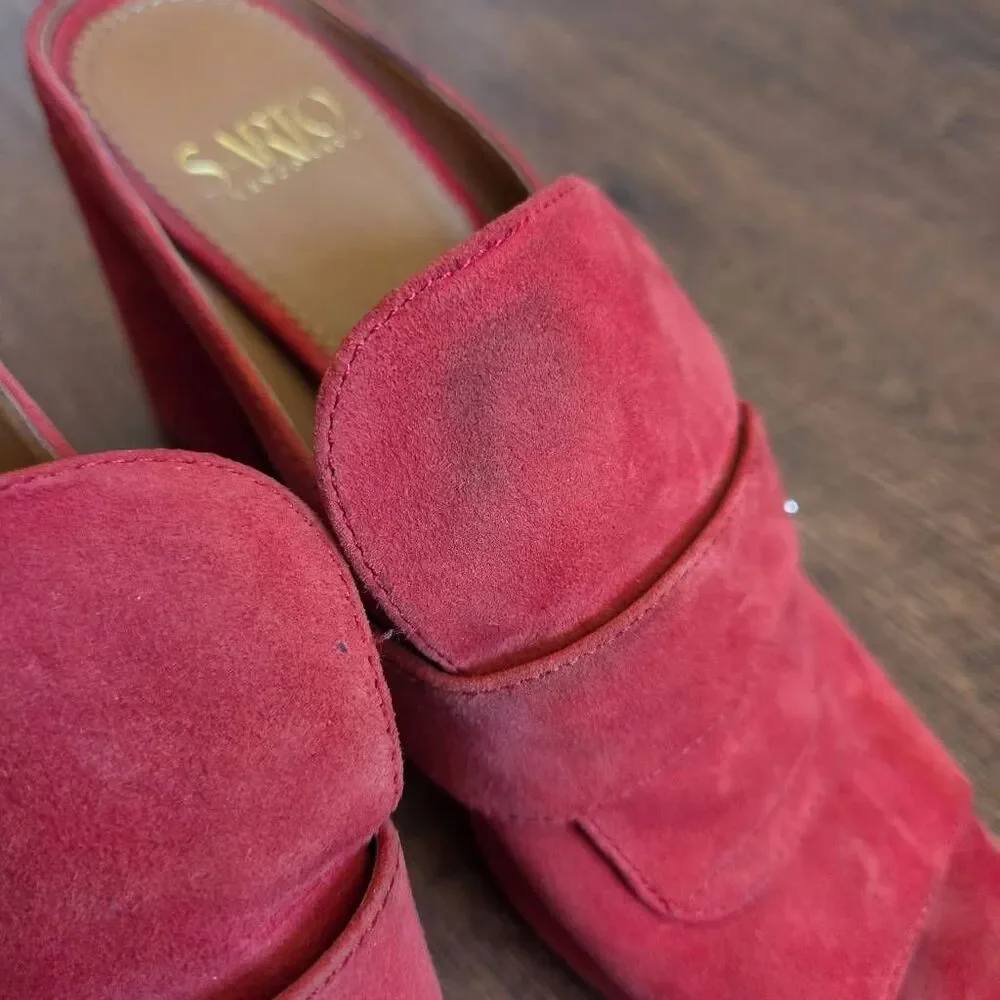 Franco Sarto Rosalie Mule Pumps Red Suede Block Heel